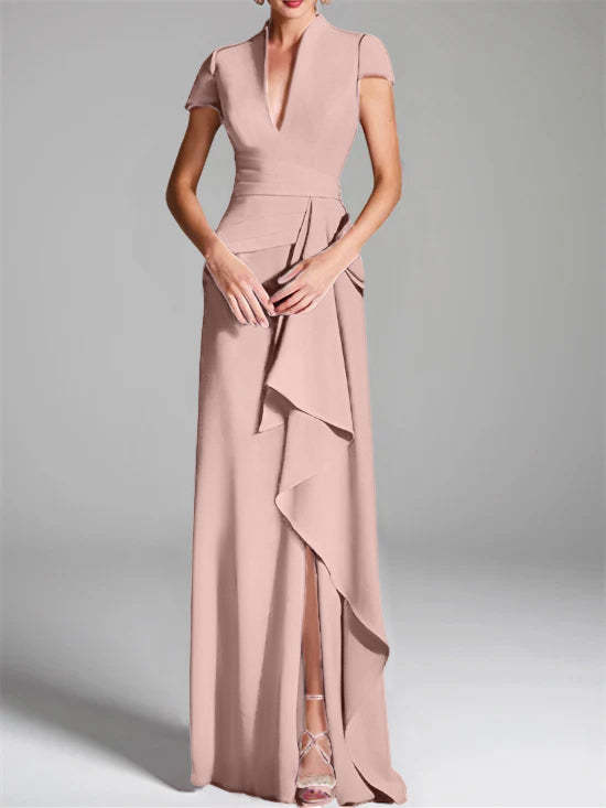 V-Neck Short-Sleeve Floor-Length Mother of the Bride Gown with Side Split-LLELLA