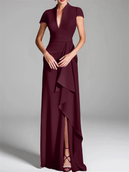 V-Neck Short-Sleeve Floor-Length Mother of the Bride Gown with Side Split-LLELLA