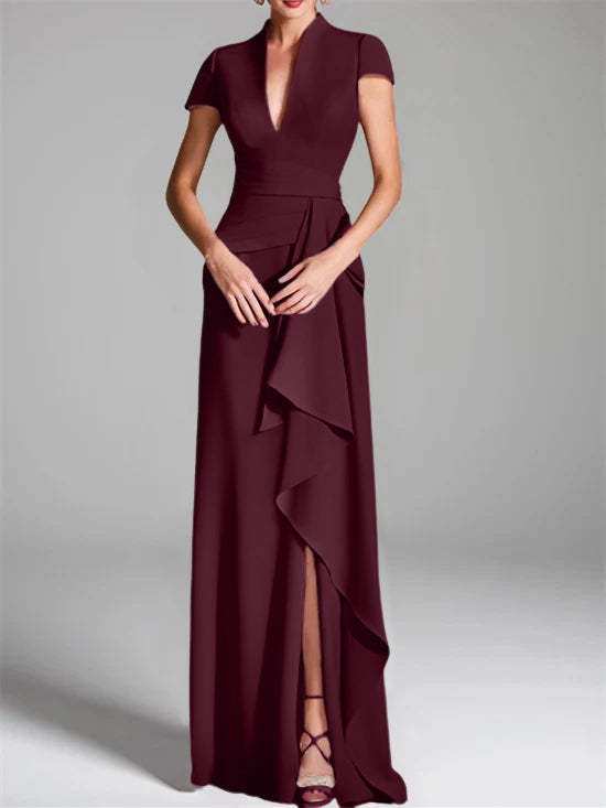 V-Neck Short-Sleeve Floor-Length Mother of the Bride Gown with Side Split-LLELLA