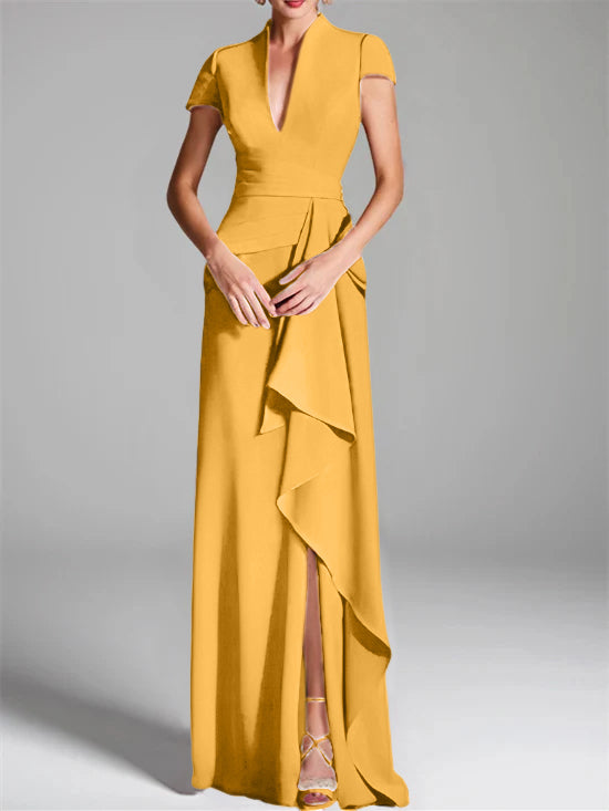 V-Neck Short-Sleeve Floor-Length Mother of the Bride Gown with Side Split-LLELLA