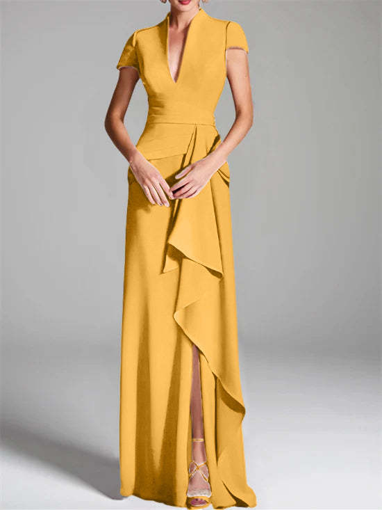 V-Neck Short-Sleeve Floor-Length Mother of the Bride Gown with Side Split-LLELLA