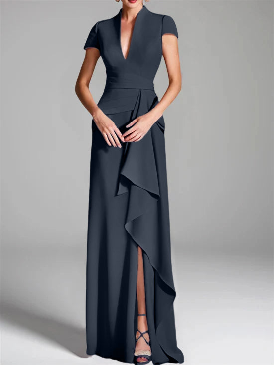 V-Neck Short-Sleeve Floor-Length Mother of the Bride Gown with Side Split-LLELLA
