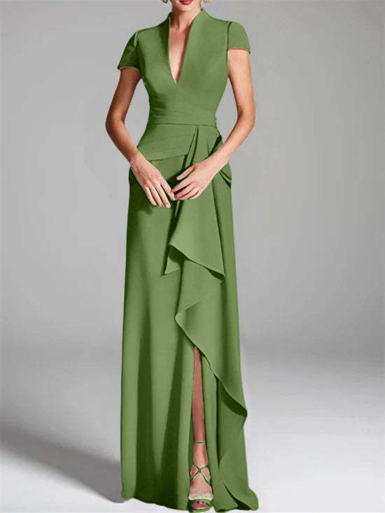 V-Neck Short-Sleeve Floor-Length Mother of the Bride Gown with Side Split-LLELLA