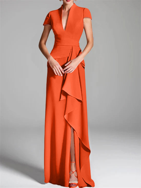 V-Neck Short-Sleeve Floor-Length Mother of the Bride Gown with Side Split-LLELLA