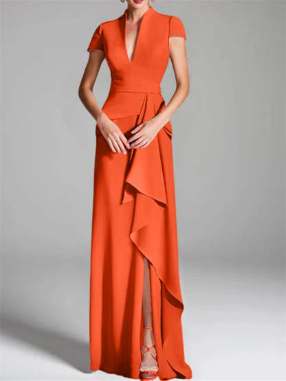 V-Neck Short-Sleeve Floor-Length Mother of the Bride Gown with Side Split-LLELLA