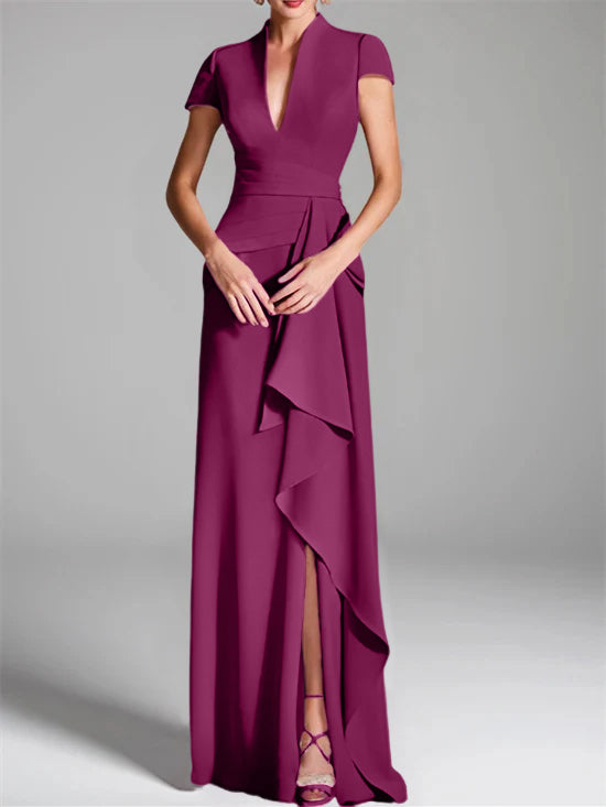 V-Neck Short-Sleeve Floor-Length Mother of the Bride Gown with Side Split-LLELLA