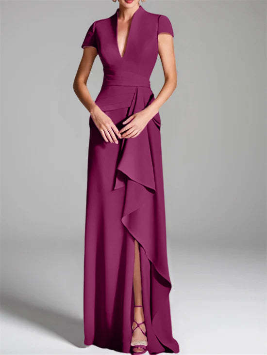V-Neck Short-Sleeve Floor-Length Mother of the Bride Gown with Side Split-LLELLA