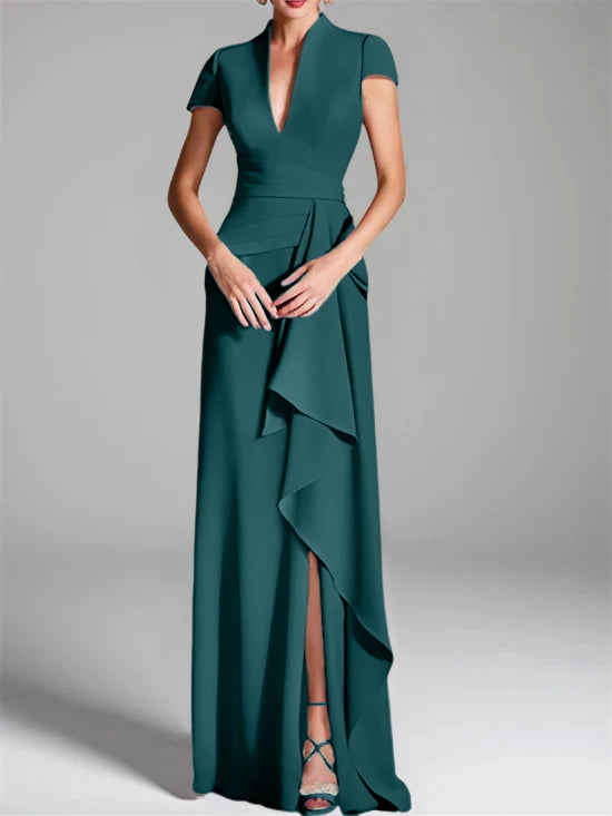 V-Neck Short-Sleeve Floor-Length Mother of the Bride Gown with Side Split-LLELLA