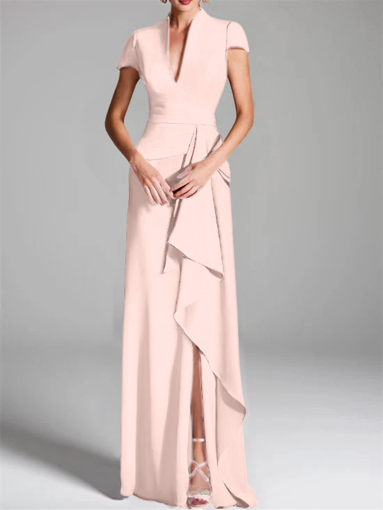 V-Neck Short-Sleeve Floor-Length Mother of the Bride Gown with Side Split-LLELLA
