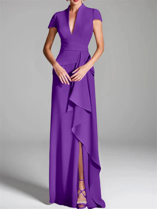 V-Neck Short-Sleeve Floor-Length Mother of the Bride Gown with Side Split-LLELLA