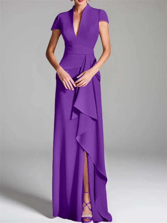 V-Neck Short-Sleeve Floor-Length Mother of the Bride Gown with Side Split-LLELLA