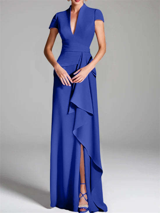 V-Neck Short-Sleeve Floor-Length Mother of the Bride Gown with Side Split-LLELLA