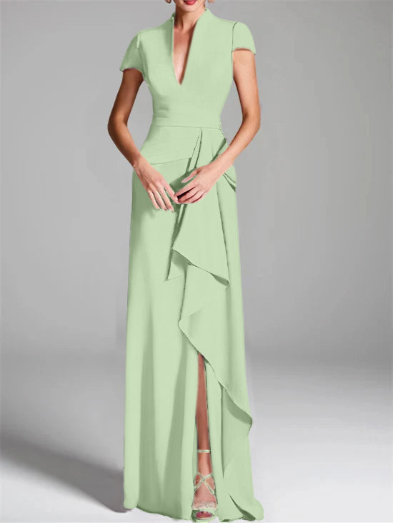 V-Neck Short-Sleeve Floor-Length Mother of the Bride Gown with Side Split-LLELLA