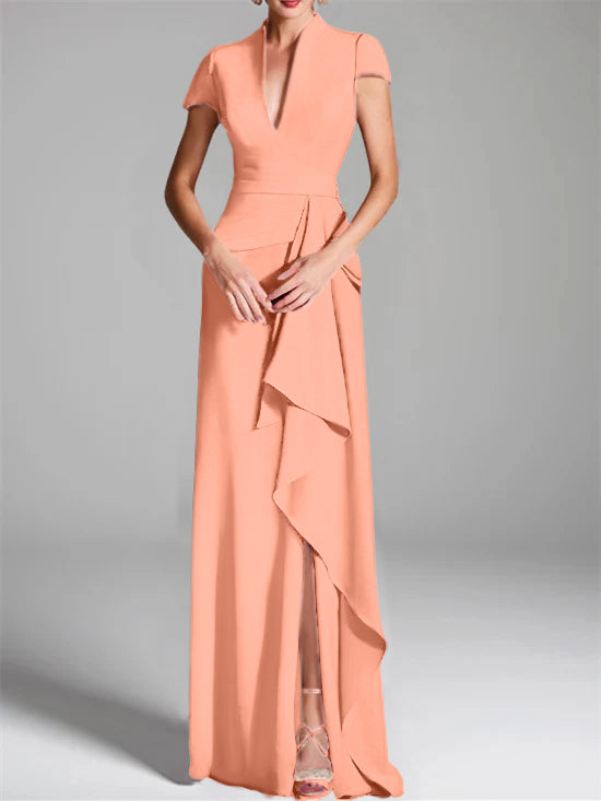 V-Neck Short-Sleeve Floor-Length Mother of the Bride Gown with Side Split-LLELLA
