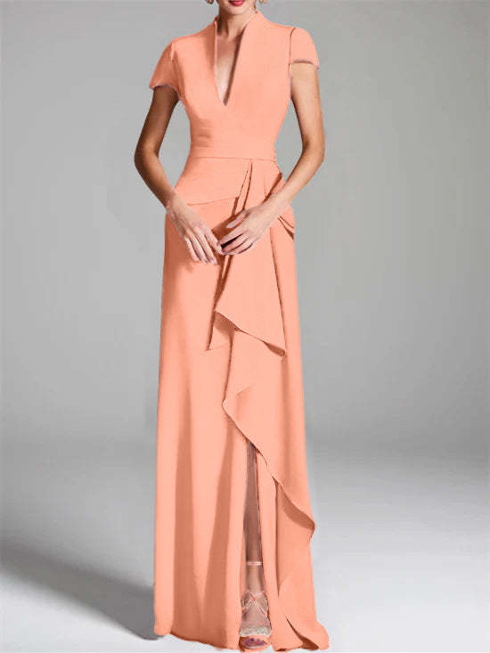 V-Neck Short-Sleeve Floor-Length Mother of the Bride Gown with Side Split-LLELLA