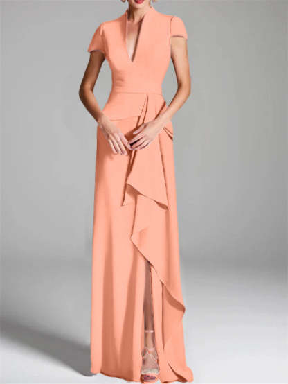 V-Neck Short-Sleeve Floor-Length Mother of the Bride Gown with Side Split-LLELLA