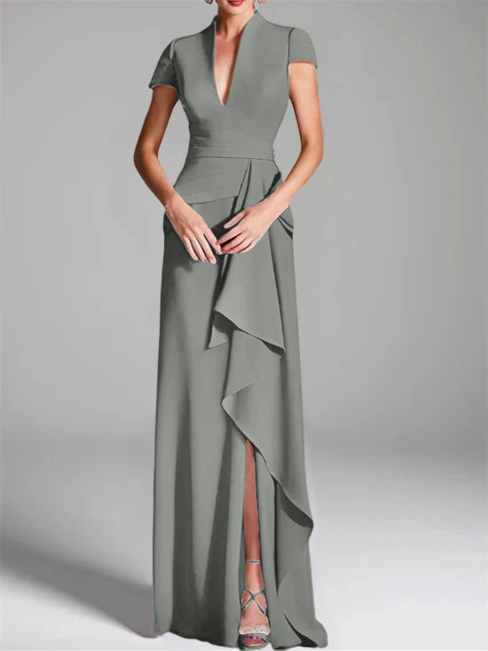 V-Neck Short-Sleeve Floor-Length Mother of the Bride Gown with Side Split-LLELLA