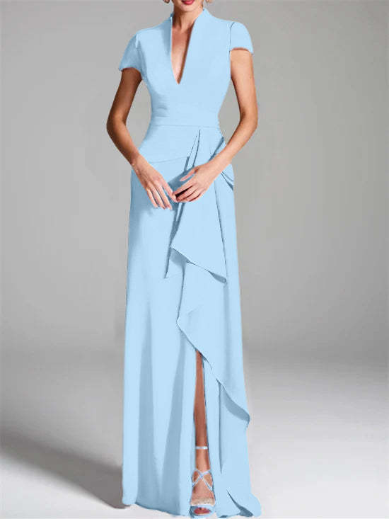 V-Neck Short-Sleeve Floor-Length Mother of the Bride Gown with Side Split-LLELLA