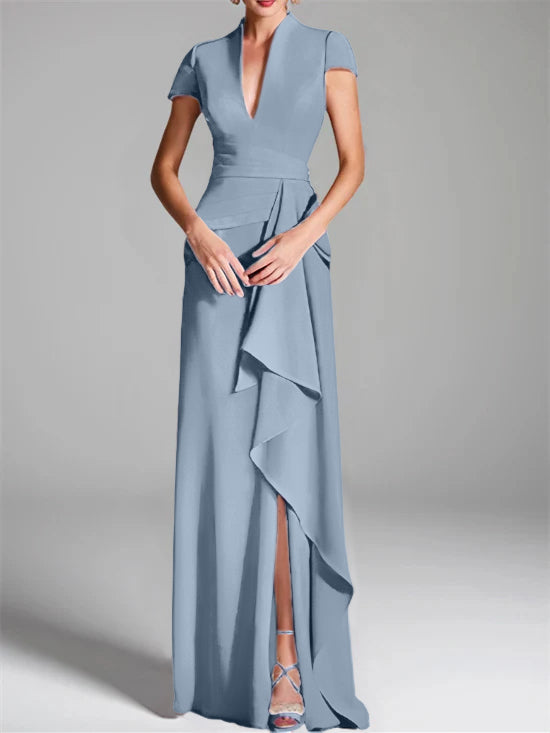 V-Neck Short-Sleeve Floor-Length Mother of the Bride Gown with Side Split-LLELLA