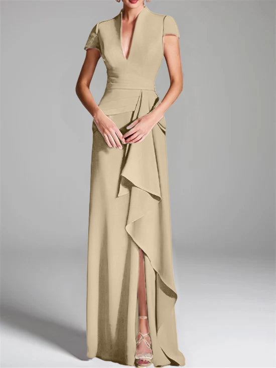 V-Neck Short-Sleeve Floor-Length Mother of the Bride Gown with Side Split-LLELLA