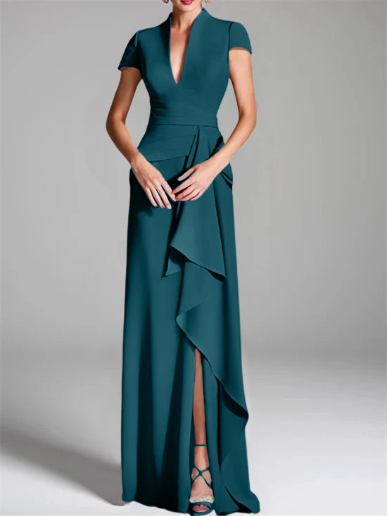 V-Neck Short-Sleeve Floor-Length Mother of the Bride Gown with Side Split-LLELLA