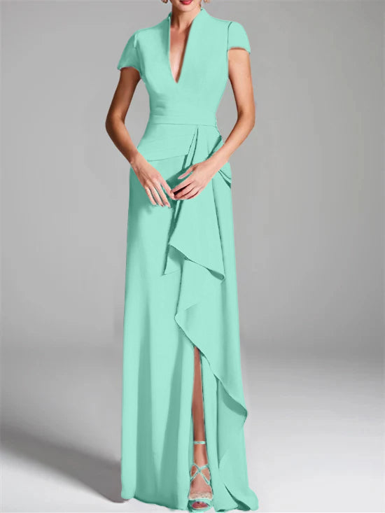 V-Neck Short-Sleeve Floor-Length Mother of the Bride Gown with Side Split-LLELLA