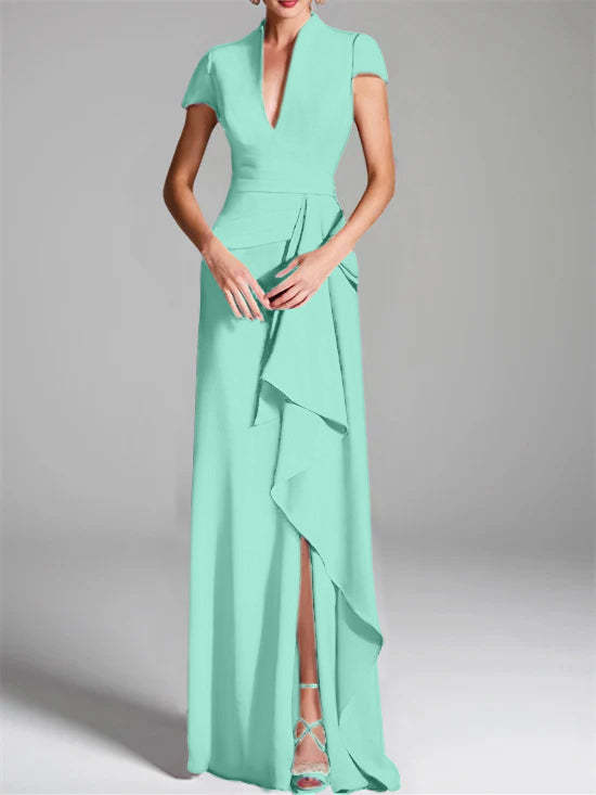 V-Neck Short-Sleeve Floor-Length Mother of the Bride Gown with Side Split-LLELLA