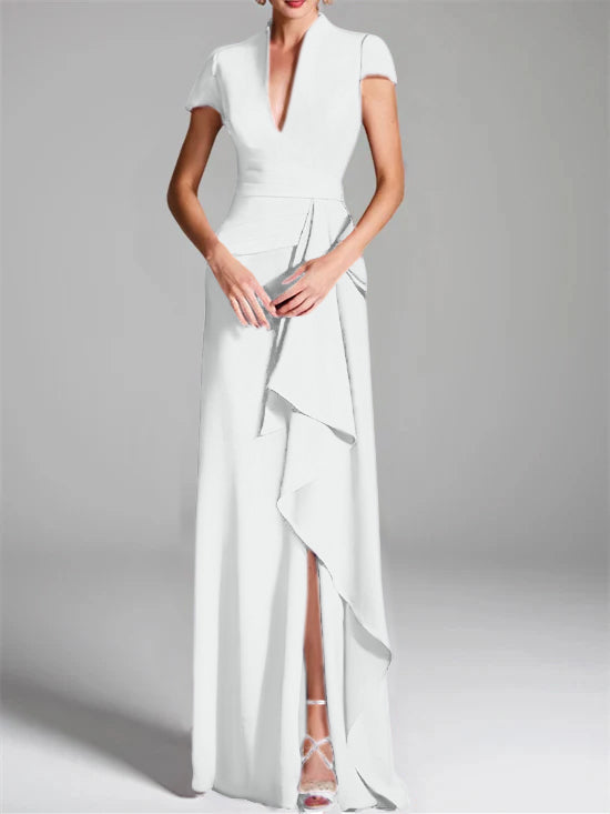 V-Neck Short-Sleeve Floor-Length Mother of the Bride Gown with Side Split-LLELLA
