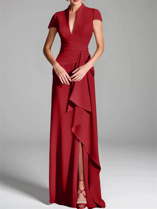 V-Neck Short-Sleeve Floor-Length Mother of the Bride Gown with Side Split-LLELLA