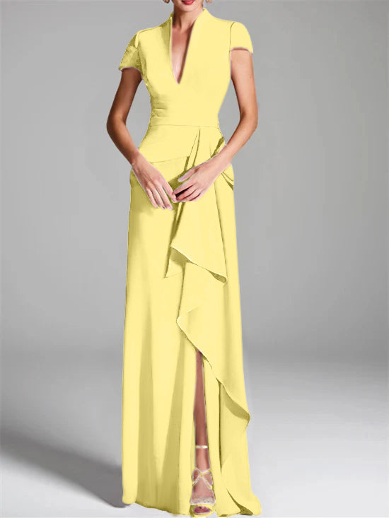 V-Neck Short-Sleeve Floor-Length Mother of the Bride Gown with Side Split-LLELLA