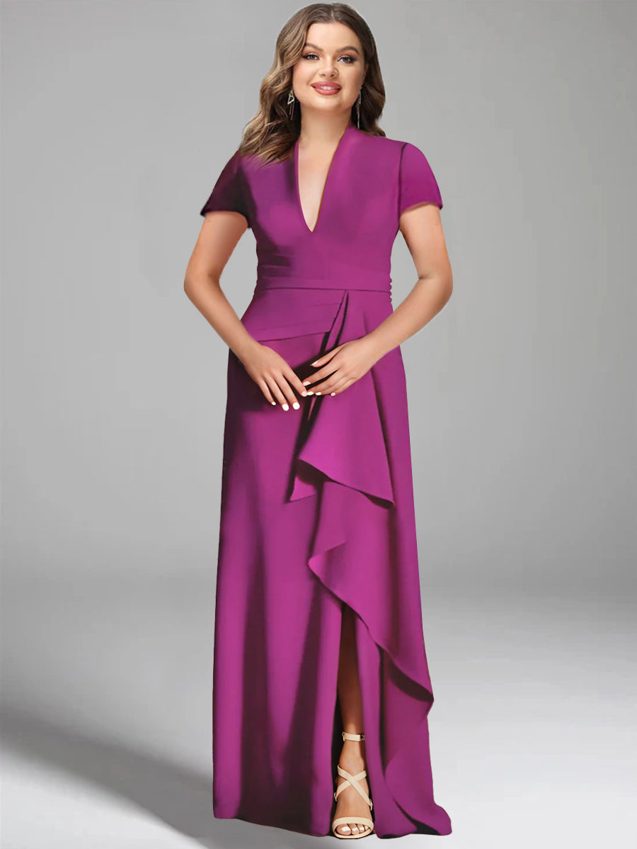 V-Neck Short-Sleeve Floor-Length Mother of the Bride Gown with Side Split-LLELLA