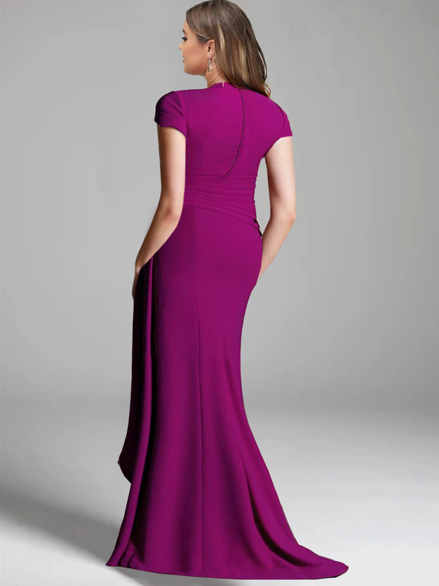 V-Neck Short-Sleeve Floor-Length Mother of the Bride Gown with Side Split-LLELLA