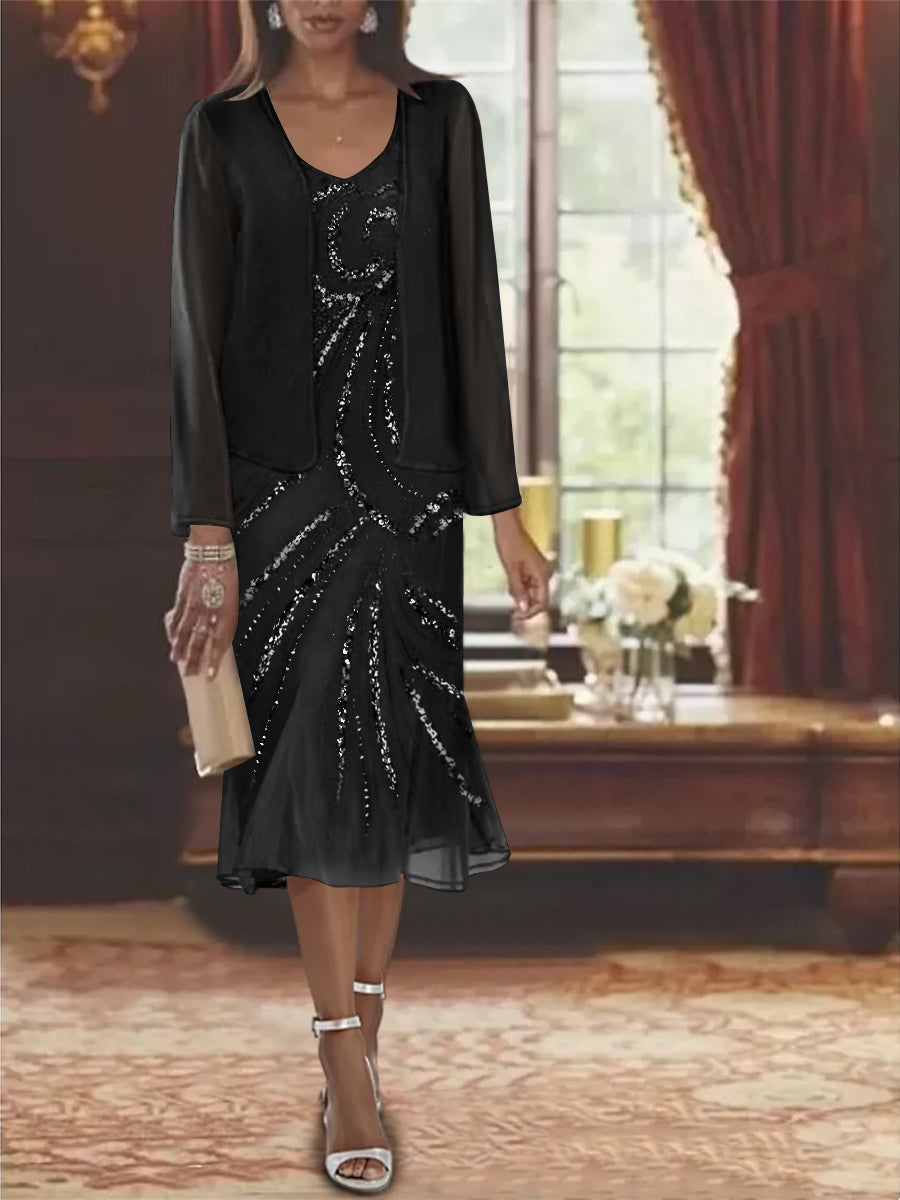 2-Piece V-Neck Chiffon Mother of the Bride Dress Set with Knee-Length Jacket and Sequins-LLELLA