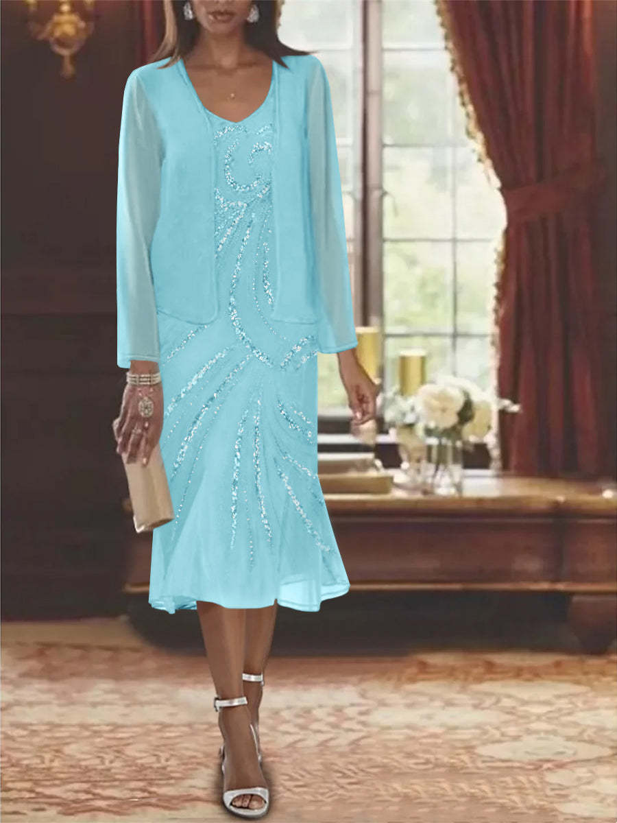 2-Piece V-Neck Chiffon Mother of the Bride Dress Set with Knee-Length Jacket and Sequins-LLELLA