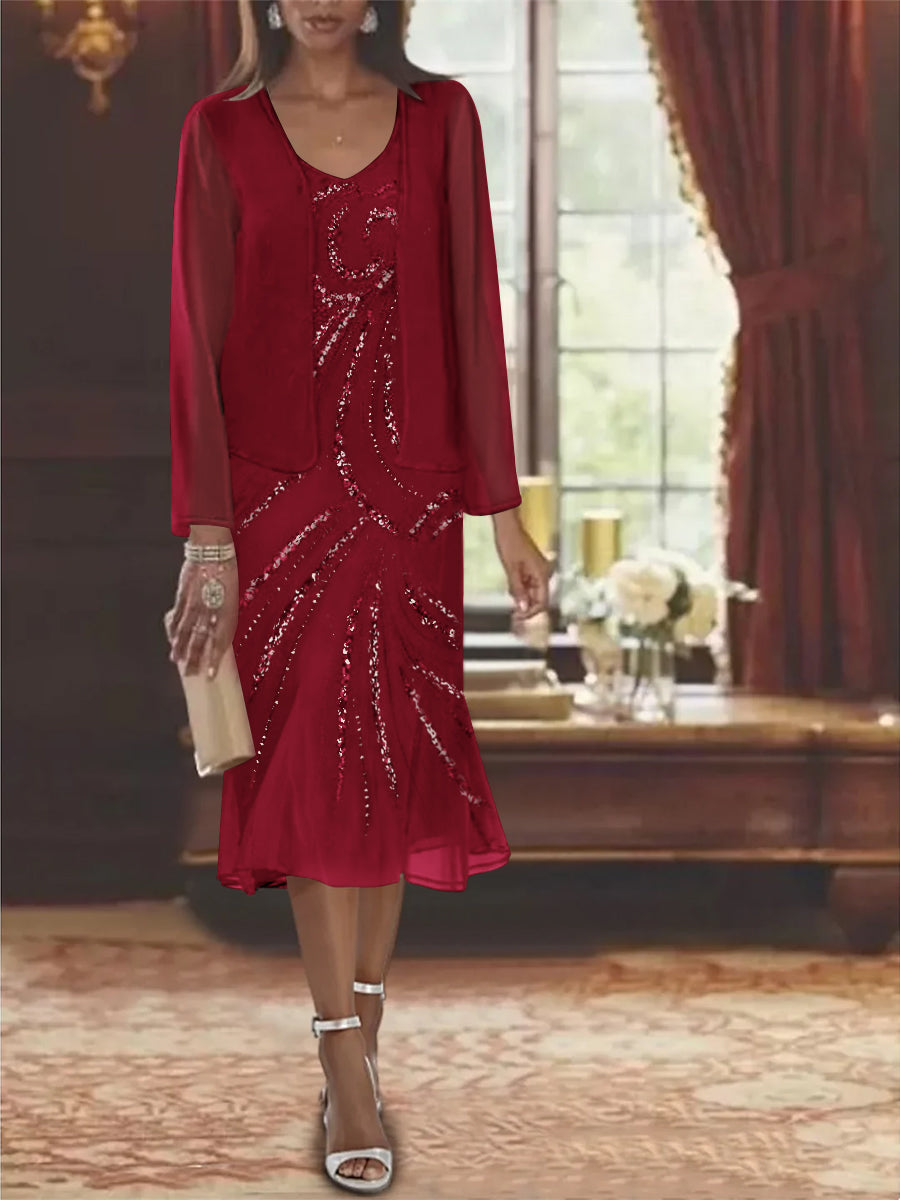 2-Piece V-Neck Chiffon Mother of the Bride Dress Set with Knee-Length Jacket and Sequins-LLELLA
