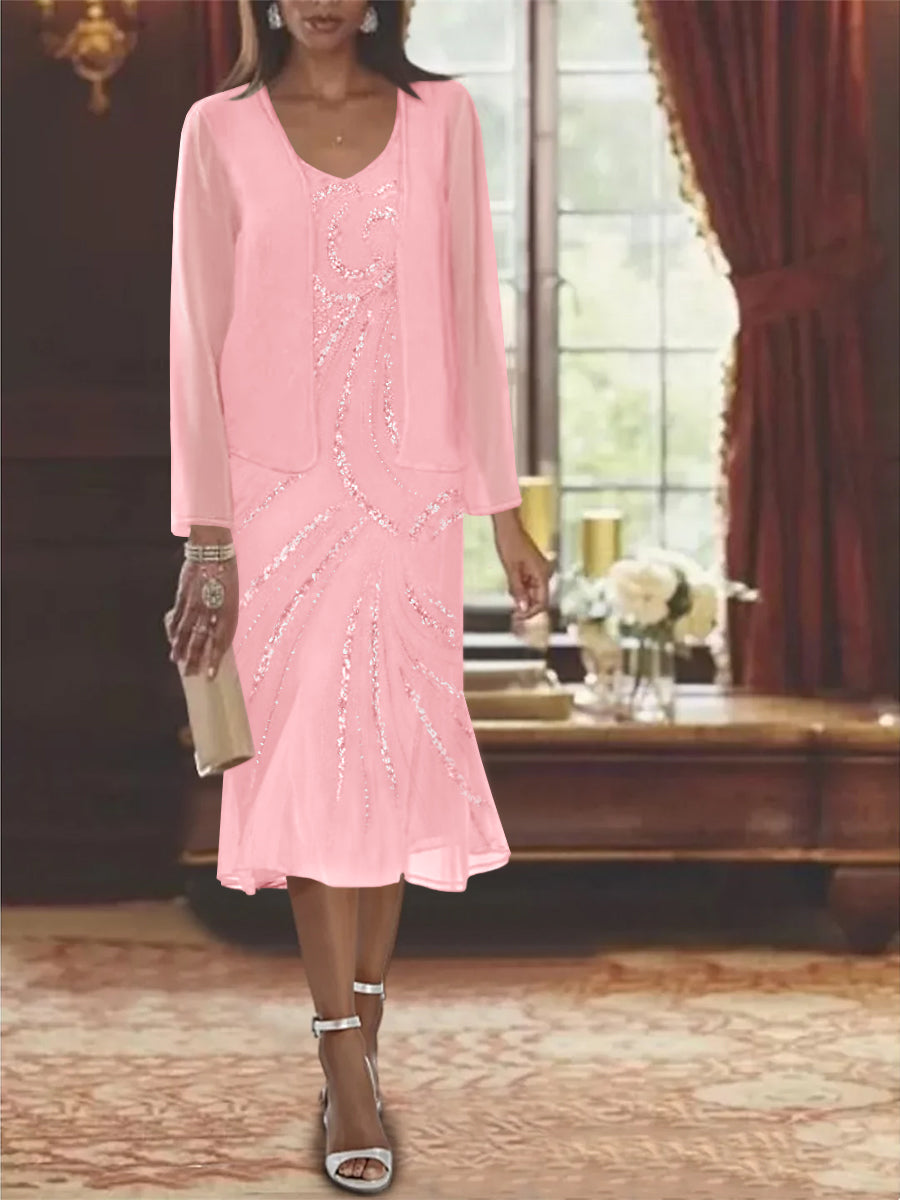 2-Piece V-Neck Chiffon Mother of the Bride Dress Set with Knee-Length Jacket and Sequins-LLELLA