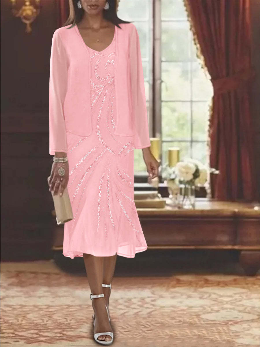 2-Piece V-Neck Chiffon Mother of the Bride Dress Set with Knee-Length Jacket and Sequins-LLELLA