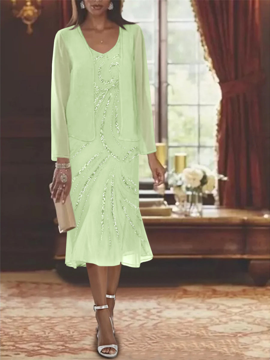 2-Piece V-Neck Chiffon Mother of the Bride Dress Set with Knee-Length Jacket and Sequins-LLELLA