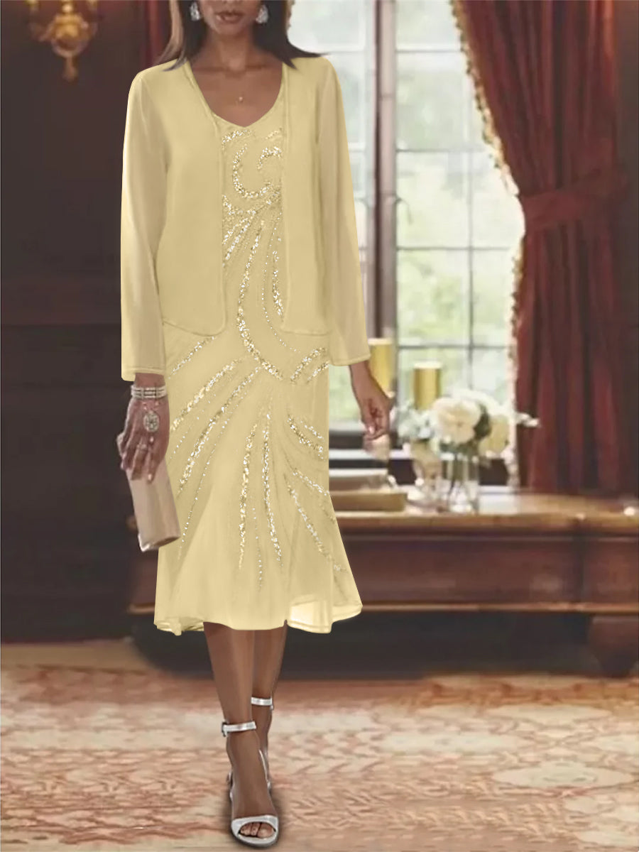 2-Piece V-Neck Chiffon Mother of the Bride Dress Set with Knee-Length Jacket and Sequins-LLELLA