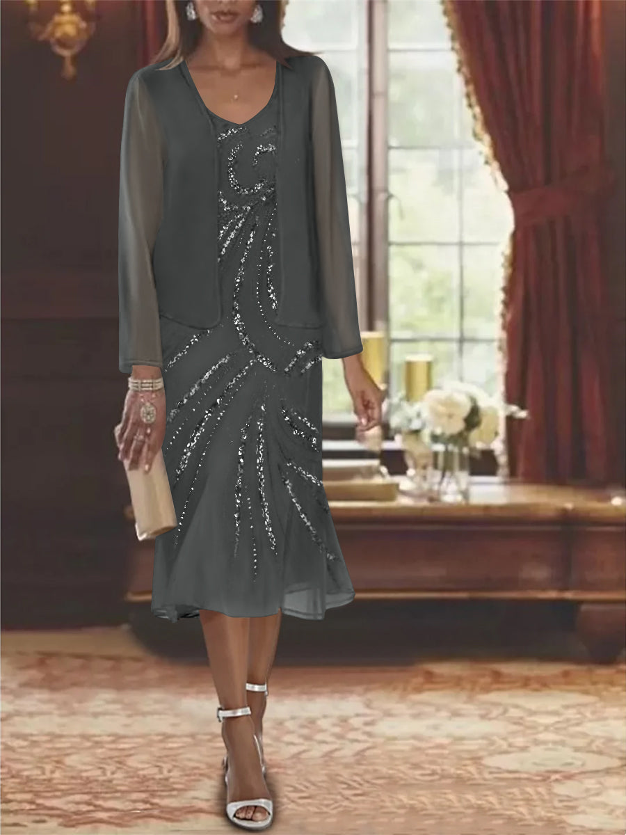 2-Piece V-Neck Chiffon Mother of the Bride Dress Set with Knee-Length Jacket and Sequins-LLELLA