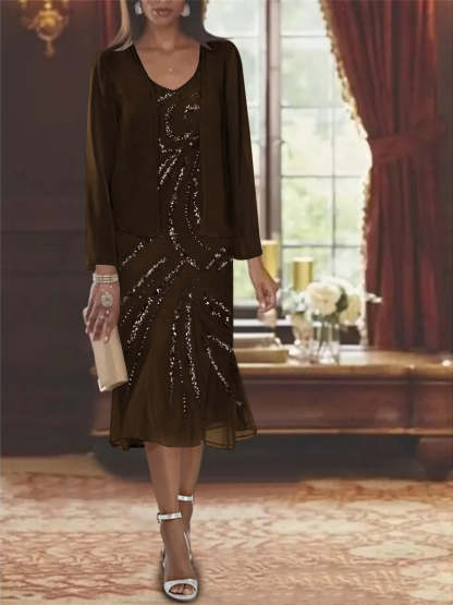 2-Piece V-Neck Chiffon Mother of the Bride Dress Set with Knee-Length Jacket and Sequins-LLELLA