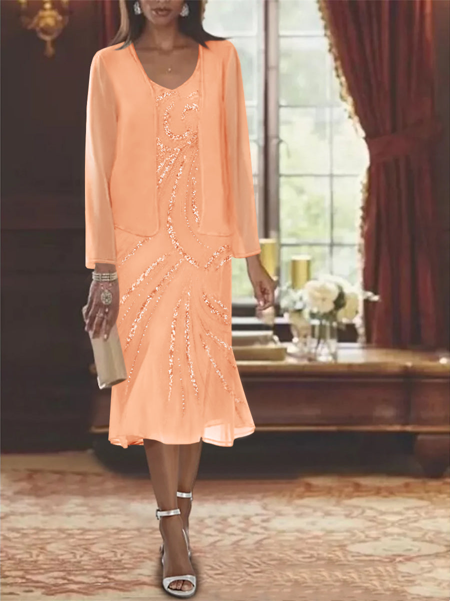 2-Piece V-Neck Chiffon Mother of the Bride Dress Set with Knee-Length Jacket and Sequins-LLELLA