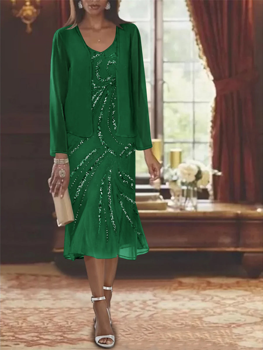 2-Piece V-Neck Chiffon Mother of the Bride Dress Set with Knee-Length Jacket and Sequins-LLELLA