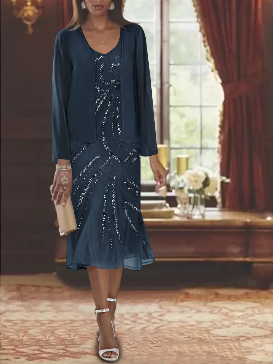 2-Piece V-Neck Chiffon Mother of the Bride Dress Set with Knee-Length Jacket and Sequins-LLELLA
