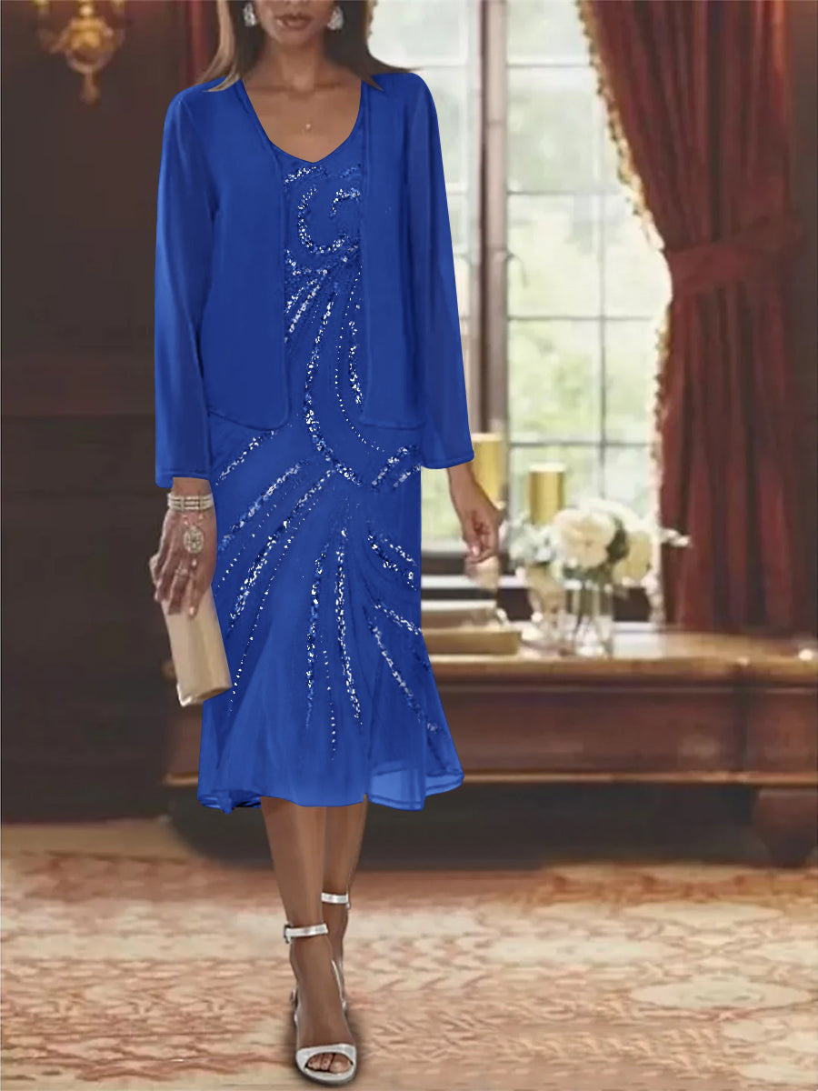 2-Piece V-Neck Chiffon Mother of the Bride Dress Set with Knee-Length Jacket and Sequins-LLELLA