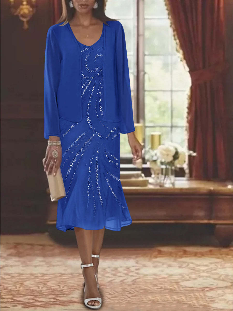 2-Piece V-Neck Chiffon Mother of the Bride Dress Set with Knee-Length Jacket and Sequins-LLELLA