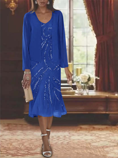 2-Piece V-Neck Chiffon Mother of the Bride Dress Set with Knee-Length Jacket and Sequins-LLELLA