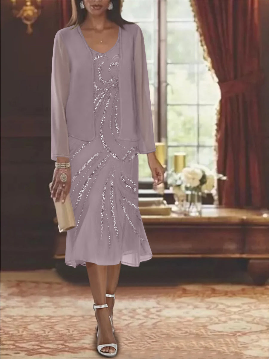 2-Piece V-Neck Chiffon Mother of the Bride Dress Set with Knee-Length Jacket and Sequins-LLELLA