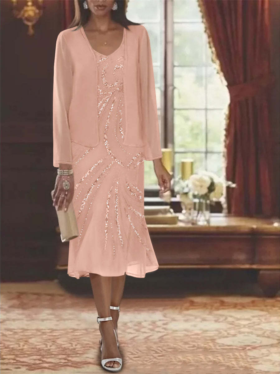 2-Piece V-Neck Chiffon Mother of the Bride Dress Set with Knee-Length Jacket and Sequins-LLELLA