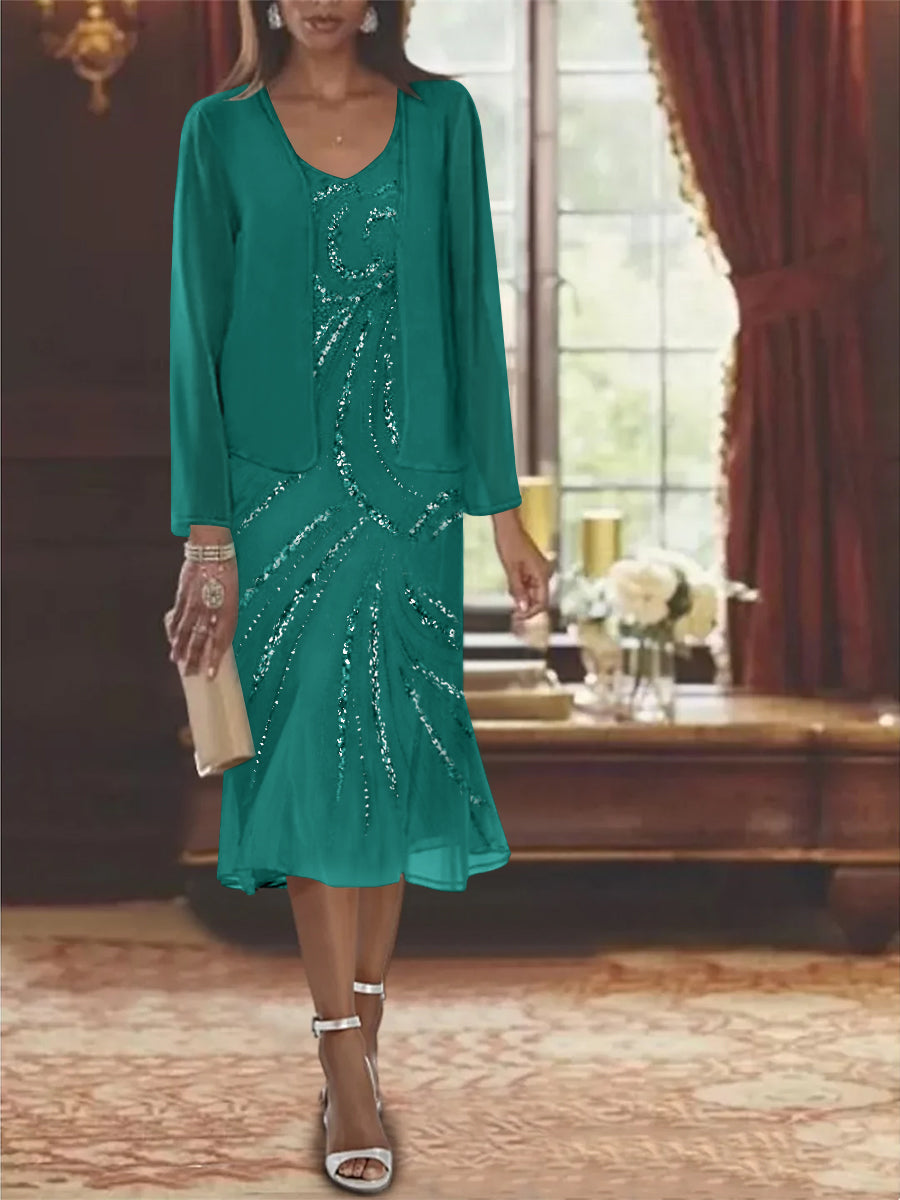 2-Piece V-Neck Chiffon Mother of the Bride Dress Set with Knee-Length Jacket and Sequins-LLELLA